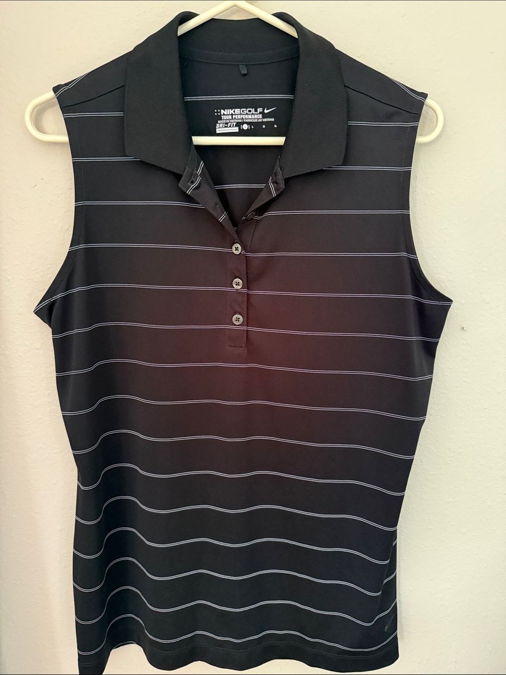 Nike Black Sleeveless Golf Polo with Thin White Stripes